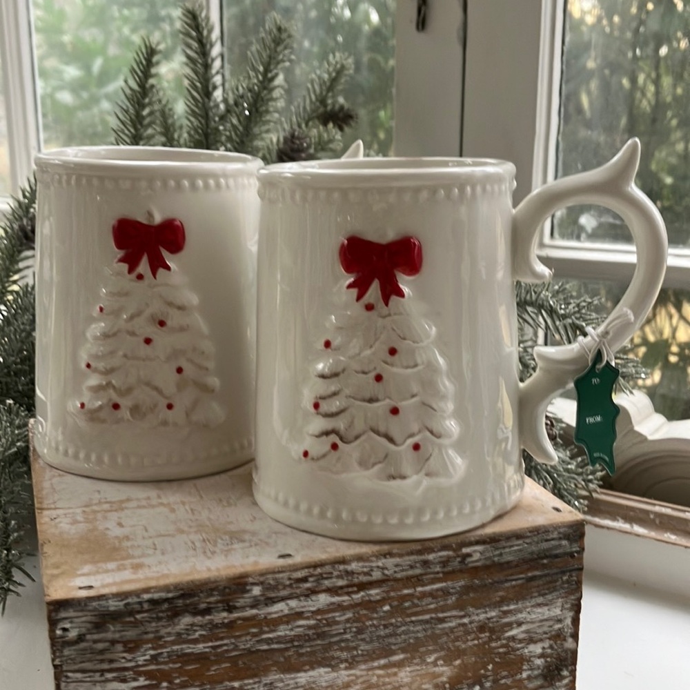 PAIR Merry and Bright Christmas Tree Mugs Tankards